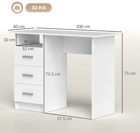 HOMCOM Birou pentru Calculator cu 3 Sertare și Spațiu de Depozitare, 100x40x75 cm, Alb | Aosom Romania