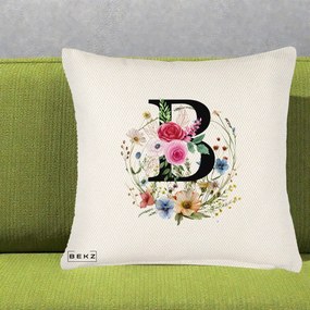 Cadou Personalizat - Perna Personalizata Monogram Litera B cu Flori Acuarela, 40x40 cm, Crem Reliefat, Husa Detasabila, Perna Inclusa, BEKZ®