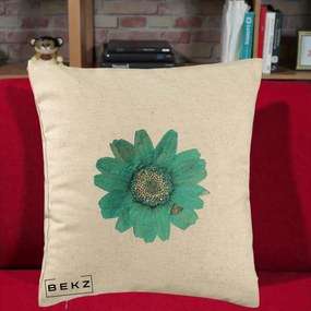 Perna Decorativa Floare Gerbera Teal Acuarela, 40x40 cm, Bej, Husa Detasabila, Perna Inclusa, BEKZ®