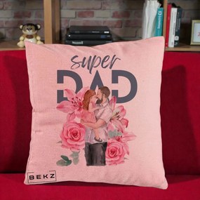 Cadou pentru Tata - Perna Personalizata Super Dad Tata cu Fetita si Flori, 40x40 cm, Roz, Husa Detasabila, Perna Inclusa, BEKZ®
