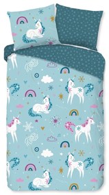 Lenjerie de pat pentru copii albastră din flanelă pentru pat de o persoană, extinsă 140x220 cm Snowycorn – Good Morning