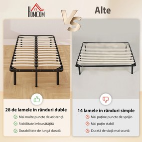 HOMCOM Cadru de Pat Industrial cu 28 de Lamele și Spațiu de Depozitare, din Lemn și Oțel, 190x90x31 cm, Negru și Lemn | Aosom Romania