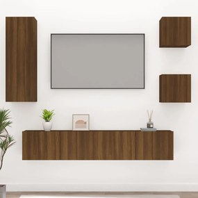 Set comoda TV, 5 piese, stejar maro, lemn prelucrat 5, Stejar brun, 80 x 30 x 30 cm