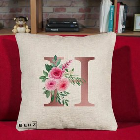 Cadou Personalizat - Perna Personalizata Monograma Rose Gold Litera H, 40x40 cm, Bej Canapea, Husa Detasabila, Perna Inclusa, BEKZ®