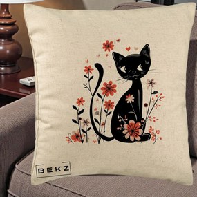 Perna Decorativa Pisica Neagra Flori Roz si Inimi, 40x40 cm, Bej, Husa Detasabila, Perna Inclusa, BEKZ®