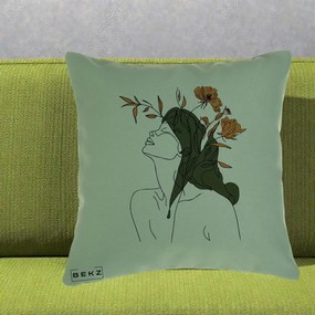 Perna Decorativa Portret Feminin Profil Flori Portocalii, 40x40 cm, Verde, Husa Detasabila, Perna Inclusa, BEKZ®