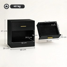 HOMCOM Set 2 Noptiere Moderne din Lemn cu Sertar și Poliță Deschisă, 39x28x41 cm, Negru | Aosom Romania