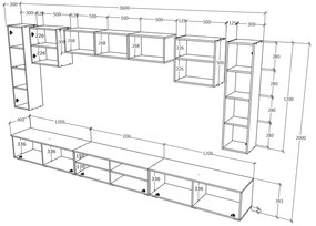 Living haaus Haga V2, Alb Lucios/Negru, MDF, L 360 cm