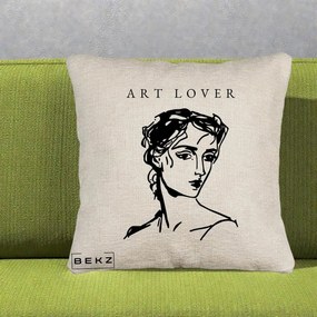 Perna Decorativa Art Lover Portret Grafic, 40x40 cm, Bej Canapea, Husa Detasabila, Perna Inclusa, BEKZ®