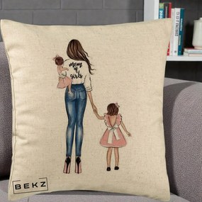 Cadou pentru Mama - Perna Personalizata Mom of Girls Mama cu Fetele, 40x40 cm, Bej, Husa Detasabila, Perna Inclusa, BEKZ®