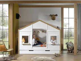 Set Pat Căsuță și Sertar pentru Pat pentru Copii, 2 Piese, 90x200 cm, Alb/Natural (Pin Masiv și MDF) – Babs – Vipack