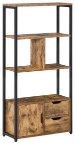 HOMCOM Biblioteca cu 3 Rafturi, Dulap si 2 Sertare, Biblioteca Stil Industrial din PAL si Metal, 58x24x122 cm, Negru si Lemn natur | Aosom Romania
