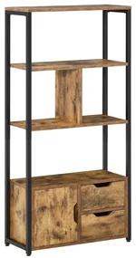 HOMCOM Biblioteca cu 3 Rafturi, Dulap si 2 Sertare, Biblioteca Stil Industrial din PAL si Metal, 58x24x122 cm, Negru si Lemn natur | Aosom Romania