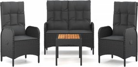 vidaXL Set mobilier de grădină cu perne, 4 piese, negru, poliratan