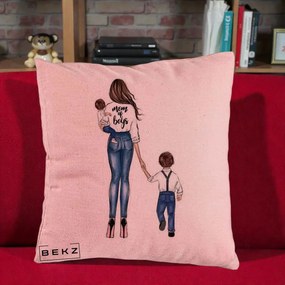 Cadou pentru Mama - Perna Personalizata Mom of Boys Mama cu Baietii, 40x40 cm, Roz, Husa Detasabila, Perna Inclusa, BEKZ®