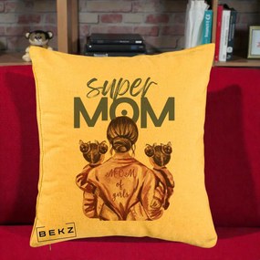 Cadou pentru Mama - Perna Personalizata Super Mom of Girls Mama cu Gemene, 40x40 cm, Galben, Husa Detasabila, Perna Inclusa, BEKZ®