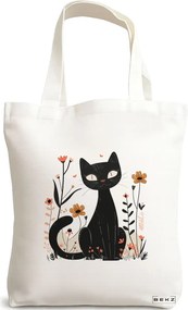 Sacosa de Panza pentru Cumparaturi, Geanta Tote, model Cat and Flowers 10, 38 x 34.5 cm, Alba, BEKZ®