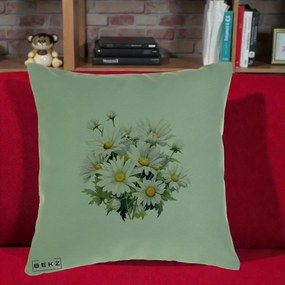 Perna Decorativa Buchet Margarete Albe Acuarela, 40x40 cm, Verde, Husa Detasabila, Perna Inclusa, BEKZ®