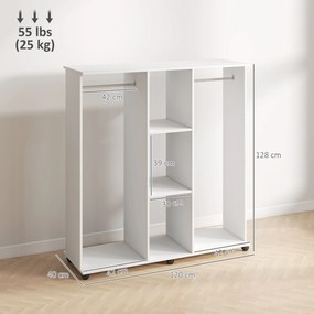 HOMCOM Dulap-penderie mobilier de depozitare mobil 6 roți 120 x 40 x 128 cm din lemn alb | Aosom Romania