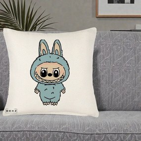 Perna Personalizata Labubu Albastru-Gri Solo, 40x40 cm, Crem Reliefat, Husa Detasabila, Perna Inclusa, BEKZ®