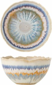 Bol din ceramică, multicolor, model floral radial și benzi în nuanțe de natur, albastru și portocaliu, margine ondulată, 8 x 14,5 cm, „Zeno”
