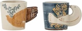 Set 2 cești din ceramică cu decor floral și pasăre pictată manual, mâner în formă de aripă, 5x5 cm, "Hezha"