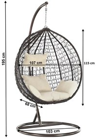 Fotoliu leagan suspendat, cu perne moi, rezistente la UV, împletitură tip răchită, structură metalică, pentru interior și exterior, Maro/Crem