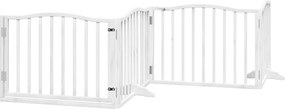 vidaXL Poartă câini pliabilă cu ușă, 4 panouri, alb, 320 cm, lemn plop