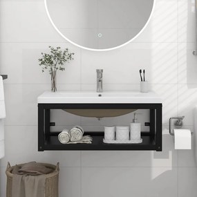 Cadru chiuveta de baie, cu lavoar incorporat, negru, fier Negru, 79 x 38 x 31 cm