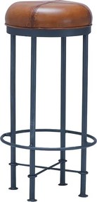 Scaun de bar din piele naturală și metal, maro, cu șezut rotund și inel pentru picioare, 75 x Ø 39 cm, „Budha”