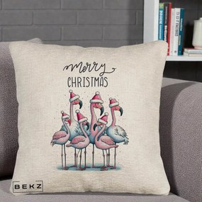 Perna Decorativa Flamingo Merry Christmas, 40x40 cm, Bej Canapea, Husa Detasabila, Perna Inclusa, BEKZ®