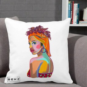 Perna Decorativa Portret Femeie Colorat Pop Art, 40x40 cm, Alba Mata, Husa Detasabila, Perna Inclusa, BEKZ®
