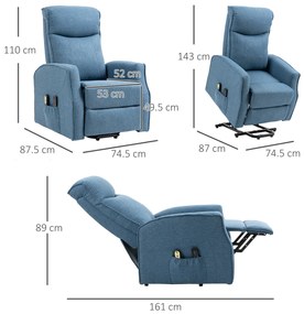 HOMCOM Fotoliu Recliner cu 8 Puncte de Masaj, Rabatabil la 135° cu Suport pentru Picioare, 74,5x87,5x110 cm, Albastru | Aosom Romania