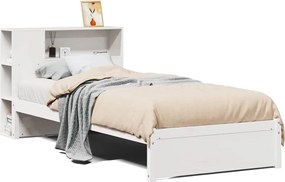 vidaXL Pat cu bibliotecă fără saltea, alb, 75x190 cm, lemn masiv pin