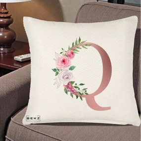 Cadou Personalizat - Perna Personalizata Monograma Rose Gold Litera Q, 40x40 cm, Crem Reliefat, Husa Detasabila, Perna Inclusa, BEKZ®