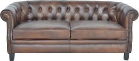 Canapea Chesterfield 2 locuri din piele naturală maro, cu spătar capitonat și ținte decorative, aspect vintage, 66 x 155 x 79 cm, „Chesterino”
