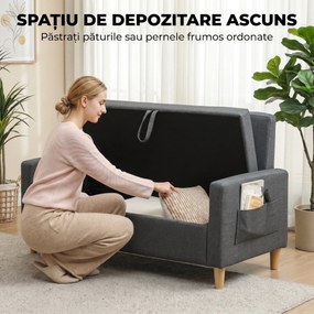 HOMCOM Canapea 2 Locuri din Țesătură Efect In cu 2 Perne Detașabile și Spațiu de Depozitare, Gri Închis | Aosom Romania