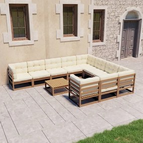 3077052 vidaXL Set mobilier grădină cu perne, 11 piese, maro, lemn masiv pin