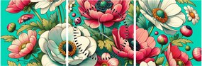 Tablou - Flori pe fundal albastru (cu ceas) (90x30 cm)
