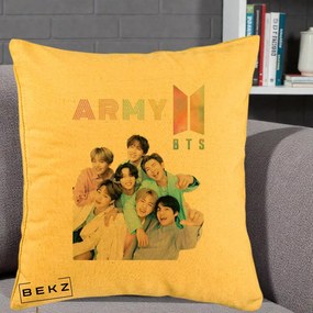 Perna Personalizata K-pop BTS ARMY Fotografie Grup Veseli, 40x40 cm, Galben, Husa Detasabila, Perna Inclusa, BEKZ®