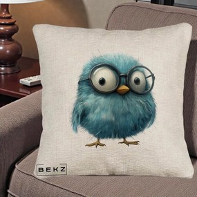 Perna Decorativa Pui Pufos Teal cu Ochelari, 40x40 cm, Bej Canapea, Husa Detasabila, Perna Inclusa, BEKZ®