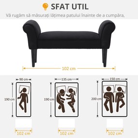 HOMCOM Bancă de Capăt de Pat cu Cotiere Rulate, Bancă Căptușită pentru Dormitor, 102x36x51 cm, Negru | Aosom Romania
