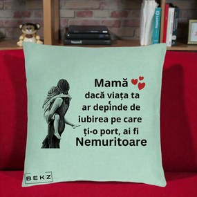 Cadou pentru Mama - Perna Personalizata Mama Nemuritoare Gravura Vintage, 40x40 cm, Verde Menta, Husa Detasabila, Perna Inclusa, BEKZ®