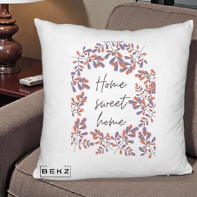 Perna Decorativa Home Sweet Home Frunze Colorate, 40x40 cm, Alb Pufos, Husa Detasabila, Perna Inclusa, BEKZ®