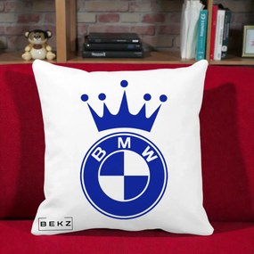 Perna Personalizata cu emblema BMW si Coroana, 40x40 cm, Alba Mata, Husa Detasabila, Perna Inclusa, BEKZ®