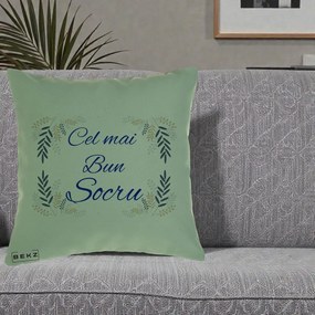Cadou pentru Socru - Perna Personalizata Cel mai Bun Socru cu Ramuri Frunze Albastre si Aurii, 40x40 cm, Verde, Husa Detasabila, Perna Inclusa, BEKZ®