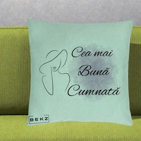 Cadou pentru Cumnata - Perna Personalizata Cea mai Buna Cumnata cu Silueta Dama si Pete Violet, 40x40 cm, Verde Menta, Husa Detasabila, Perna Inclusa, BEKZ®