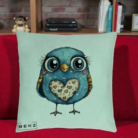 Perna Decorativa Bufnita Albastra cu Inimioare, 40x40 cm, Verde Menta, Husa Detasabila, Perna Inclusa, BEKZ®