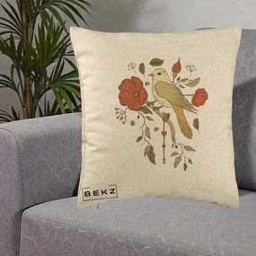 Perna Decorativa Pasare pe Ramura cu Maci, 40x40 cm, Bej, Husa Detasabila, Perna Inclusa, BEKZ®