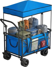 Outsunny Cărucior de grădină pliabil cu roți mari blocabile bară reglabilă suport pentru pahare pentru camping 125x59x133 cm Albastru | Aosom Romania